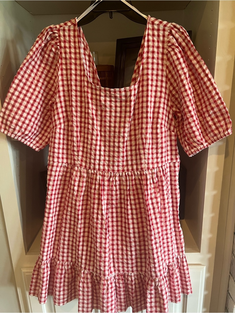 LOFT Red and White Gingham Check Cottage  Puff-Sleeve Babydoll Dress Plus 14